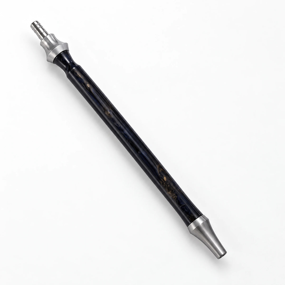 Essentials resin shisha mouthpiece handle in dark swirl resin with brushed steel flared ends, example design, image 3 of 3
