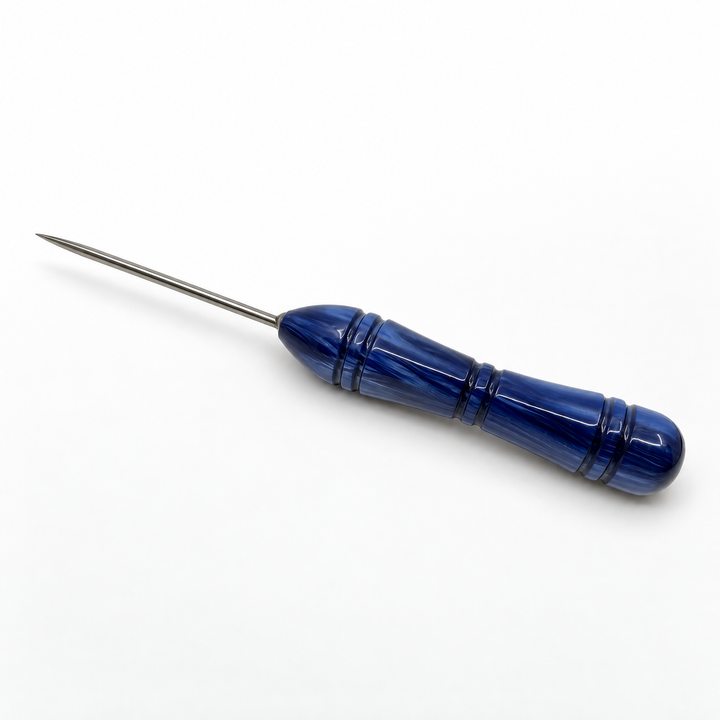 Essentials resin shisha poker in Blue, a navy blue swirl resin handle with a fine steel pin