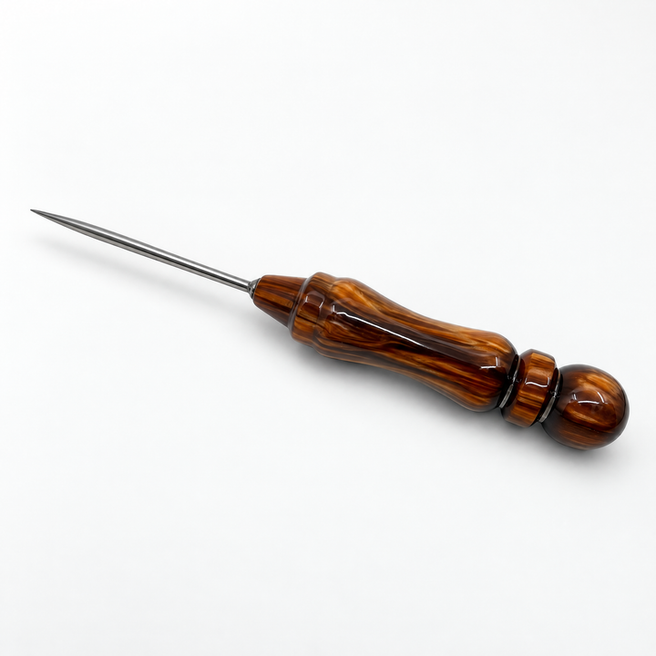 Essentials resin shisha poker in Brown, a amber and dark brown swirl resin handle with a fine steel pin