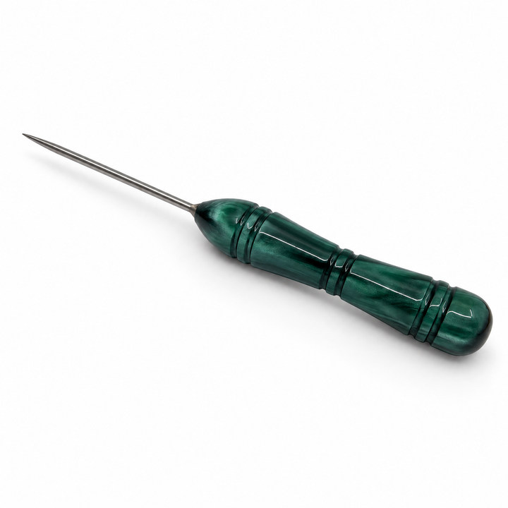 Essentials resin shisha poker in Green, a deep green swirl resin handle with a fine steel pin