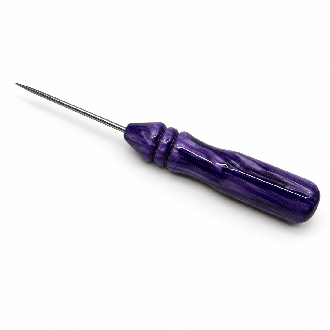 Essentials resin shisha poker in Purple, a violet swirl resin handle with a fine steel pin