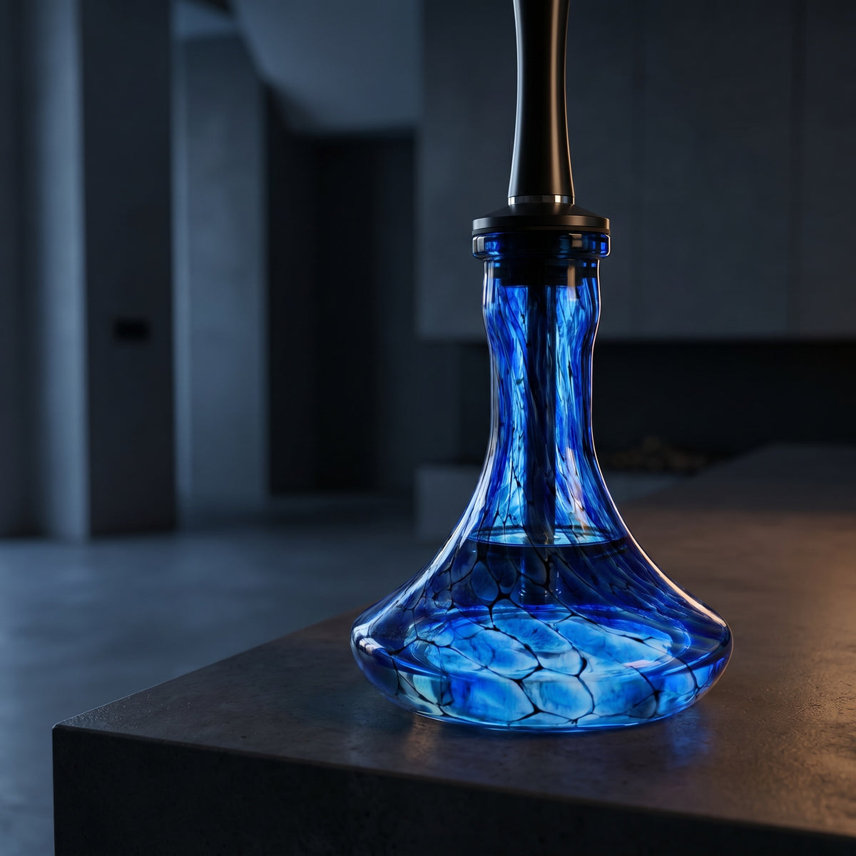Sapphire Web vase by Essentials seated on Russian-fit shisha stem with water at correct level, cobalt crackle glass, image 4 of 4
