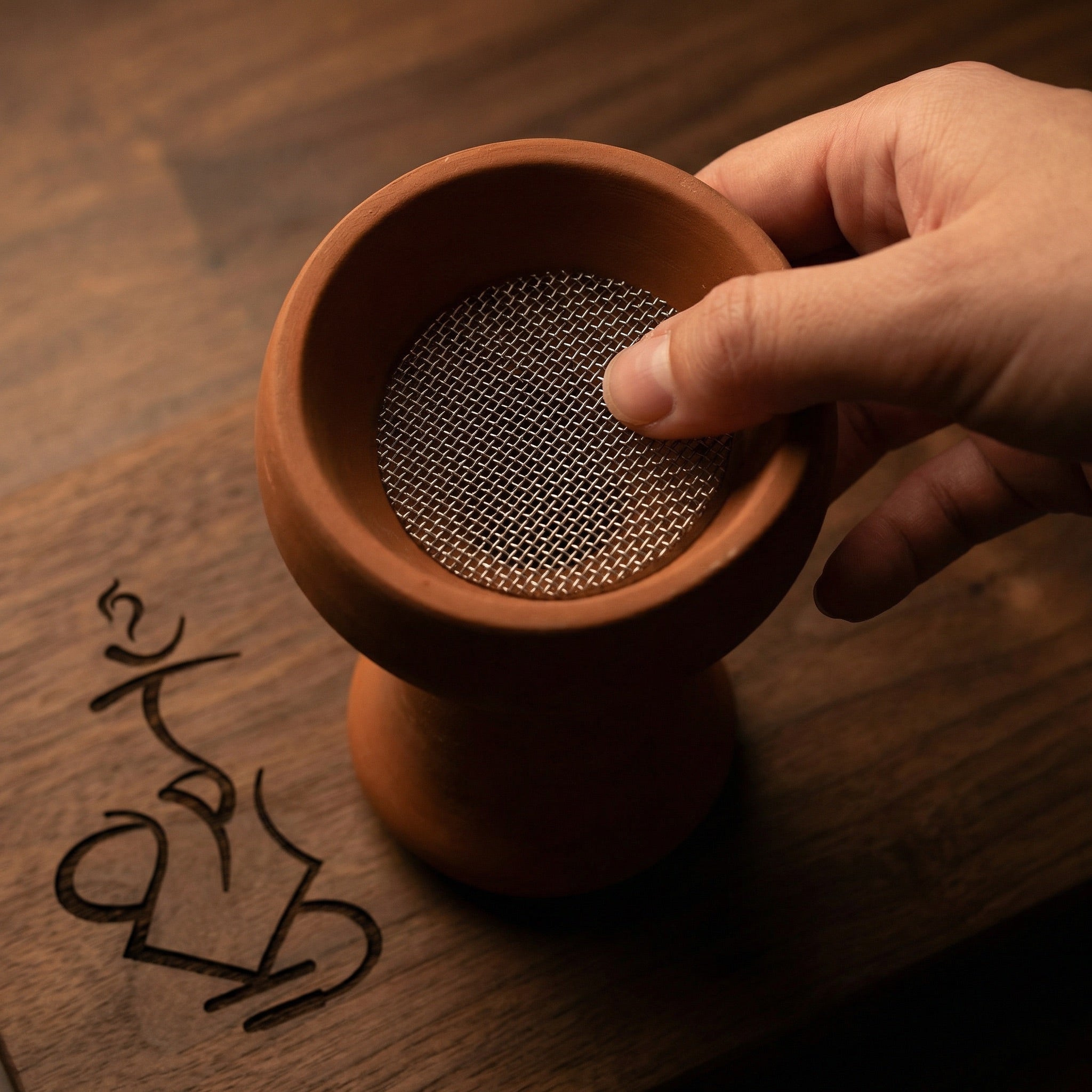 A hand lowering the Essentials stainless mesh screen into a warm terracotta Egyptian clay shisha bowl, a pre-session moment on a dark walnut lounge table showing the leaf guard in use.