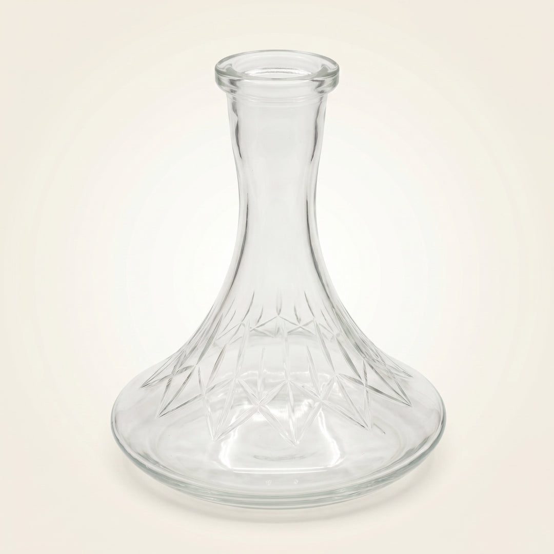 Essentials Star-Cut Clear Russian shisha vase, three-quarter studio view showing cut belly pattern and 45mm Russian neck