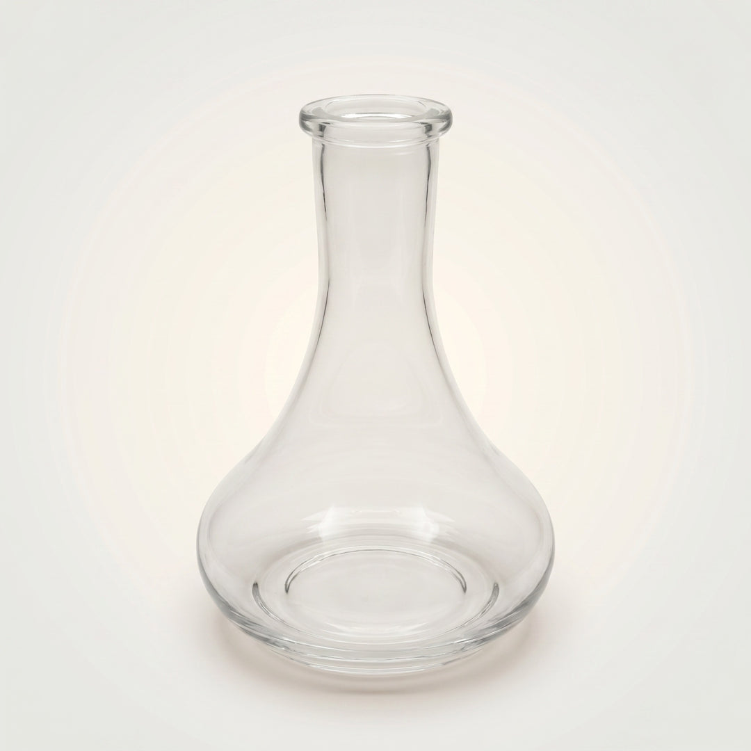 Essentials Tear Drop Russian shisha vase in clear hand-blown glass, three-quarter studio view showing the 45mm Russian-fit teardrop silhouette