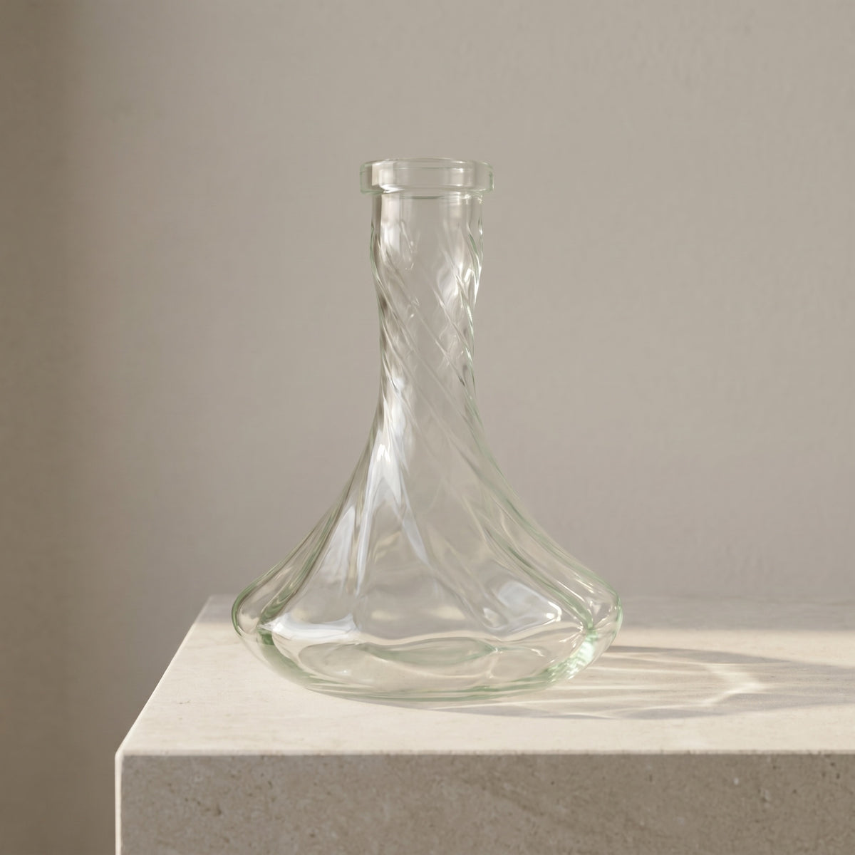 Essentials Twist Clear Russian shisha vase on a pale stone surface, optic-moulded spiral glass with 45mm Russian fit, image 5 of 5