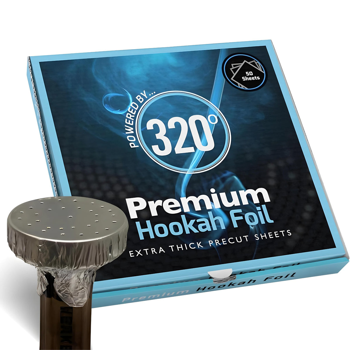 Box of 320° Premium Hookah Foil 50-sheet pack beside a shisha bowl covered with pre-poked foil.

, image 6 of 17