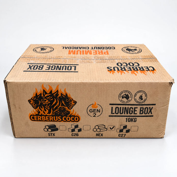 Cerberus Coco Gen 2 Lounge Box 10 kg carton, HEX ticked, hexagonal shisha charcoal