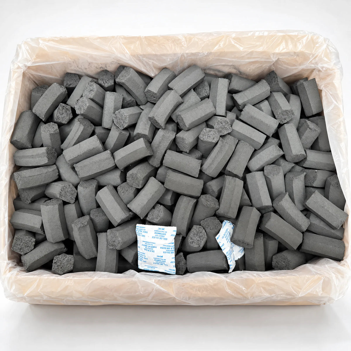 Cerberus Coco Gen 2 Lounge Box opened, 10 kg of 23 x 48 mm hexagonal shisha charcoal loose in the sealed liner, image 2 of 3