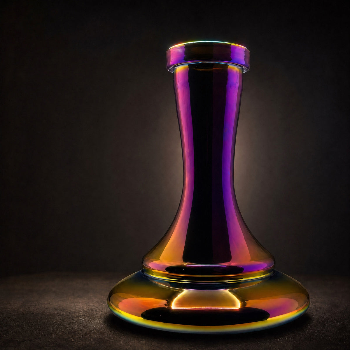 Hookah Tree Aurora iridescent shisha vase displayed in gallery vitrine, rainbow halo at lip and pedestal rim, image 2 of 5