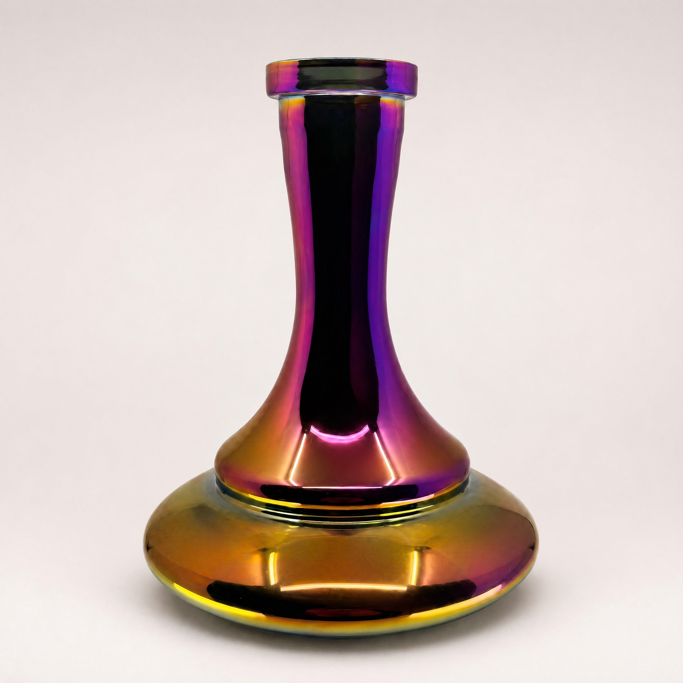 Hookah Tree Aurora Russian shisha vase, iridescent rainbow finish with magenta neck and gold pedestal foot