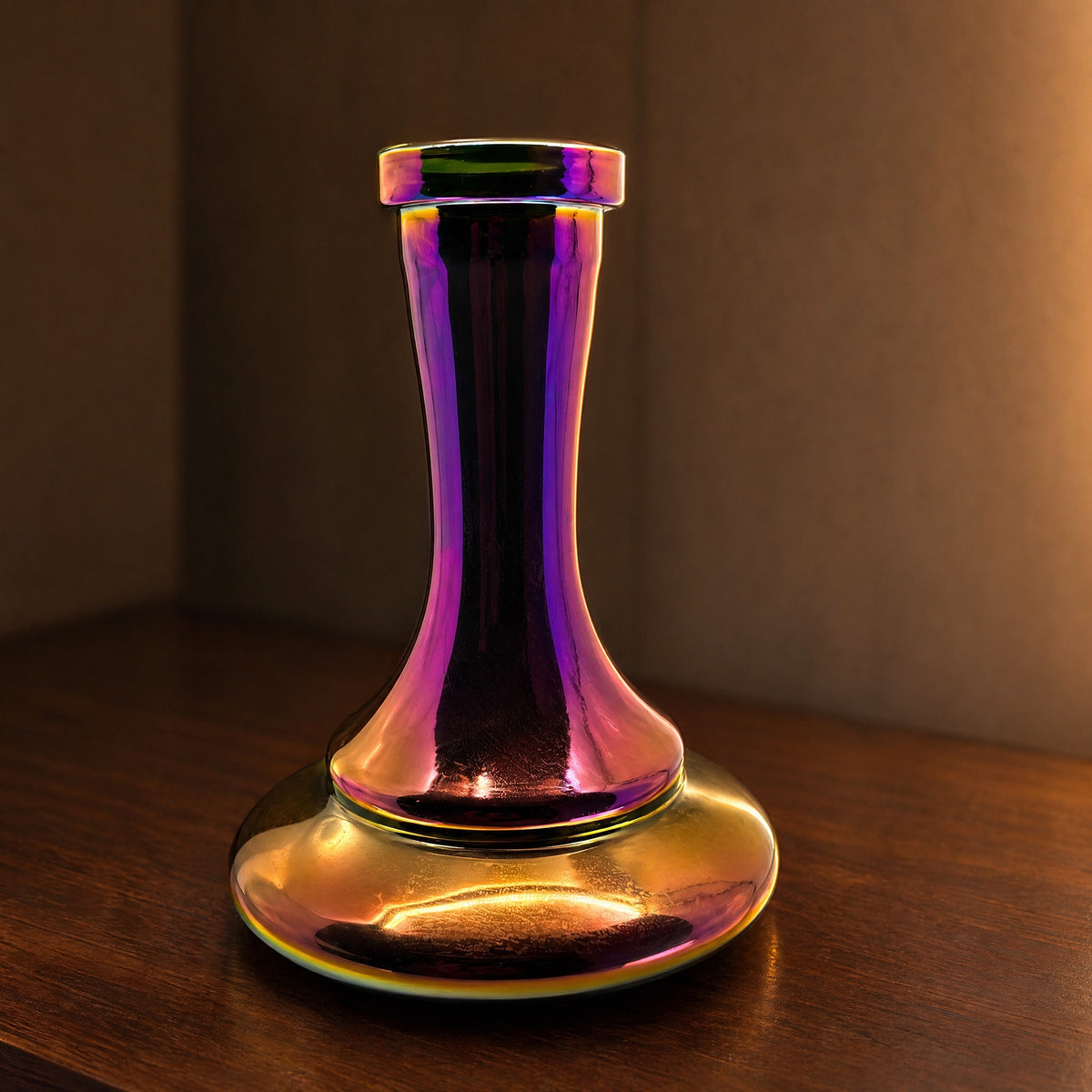 Hookah Tree Aurora shisha vase on walnut shelf, warm gold and amber tones across iridescent metallic finish, image 3 of 5