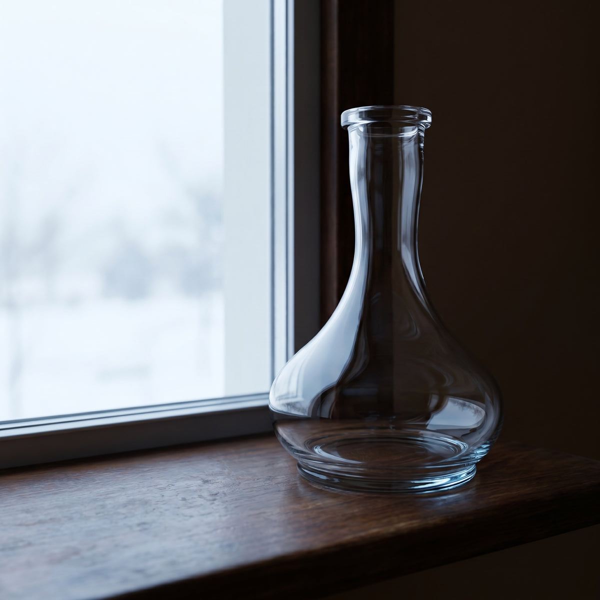 Hookah Tree Tear Drop clear glass shisha vase on aged walnut window ledge in cold morning light, image 2 of 4
