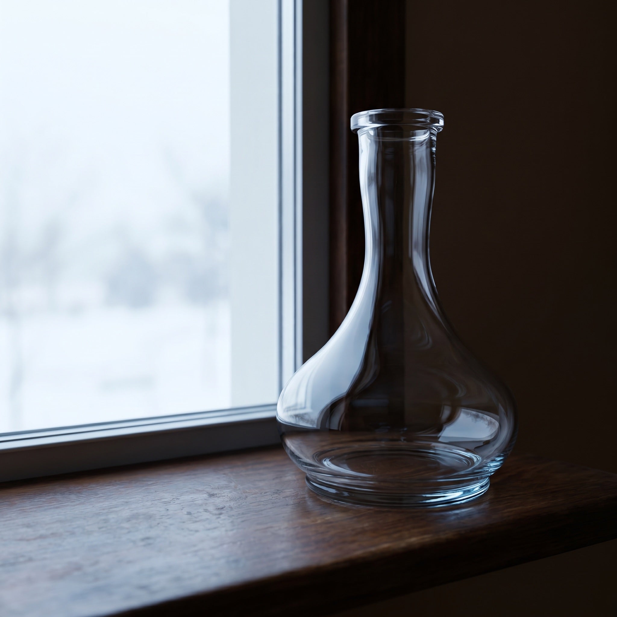 Hookah Tree Tear Drop clear glass shisha vase on aged walnut window ledge in cold morning light
