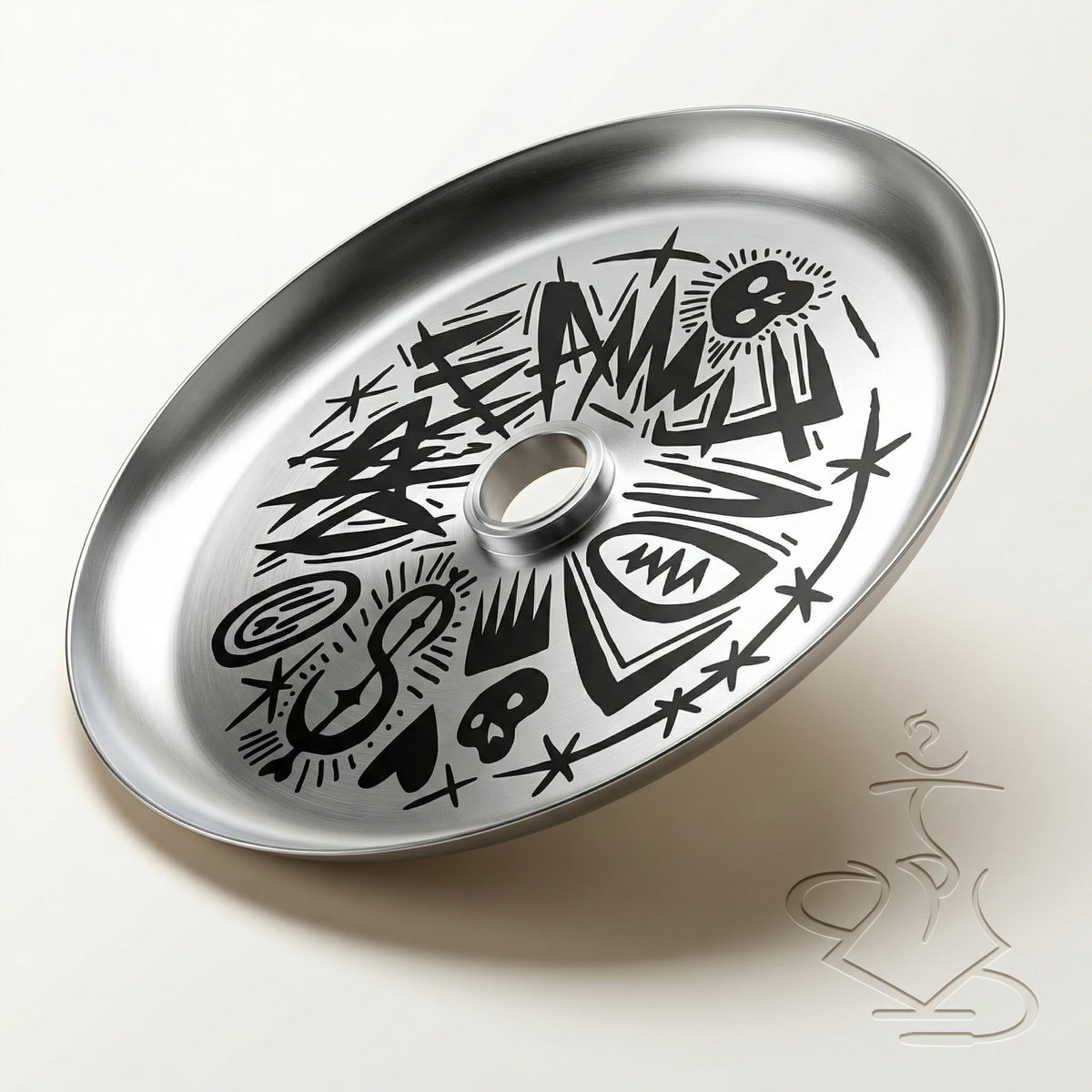 Hooligan brushed stainless steel ash plate with hand-drawn black graffiti artwork printed across the dish, shown at an elevated angle to reveal the dish form and full design., image 8 of 25