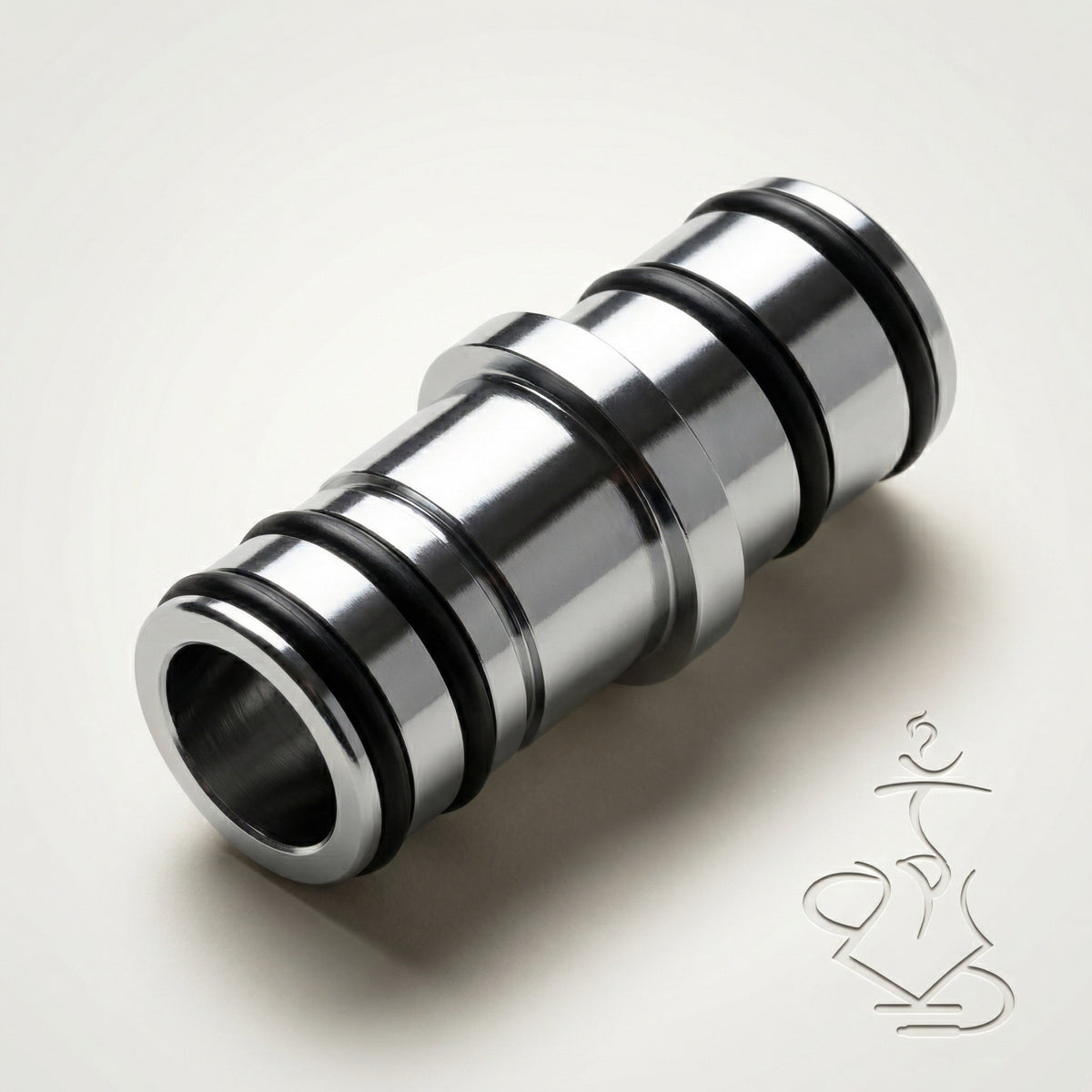 Hooligan chrome stepped hose adapter with black rubber O-ring grooves, machined fitting that connects the silicone hose to the hookah purge port., image 9 of 25