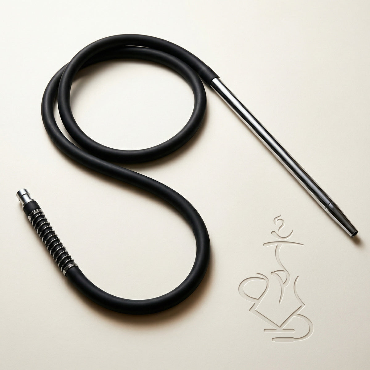 Hooligan soft black silicone shisha hose with polished chrome handle and chrome-ringed connector end, laid out horizontally in a warm white studio., image 6 of 25