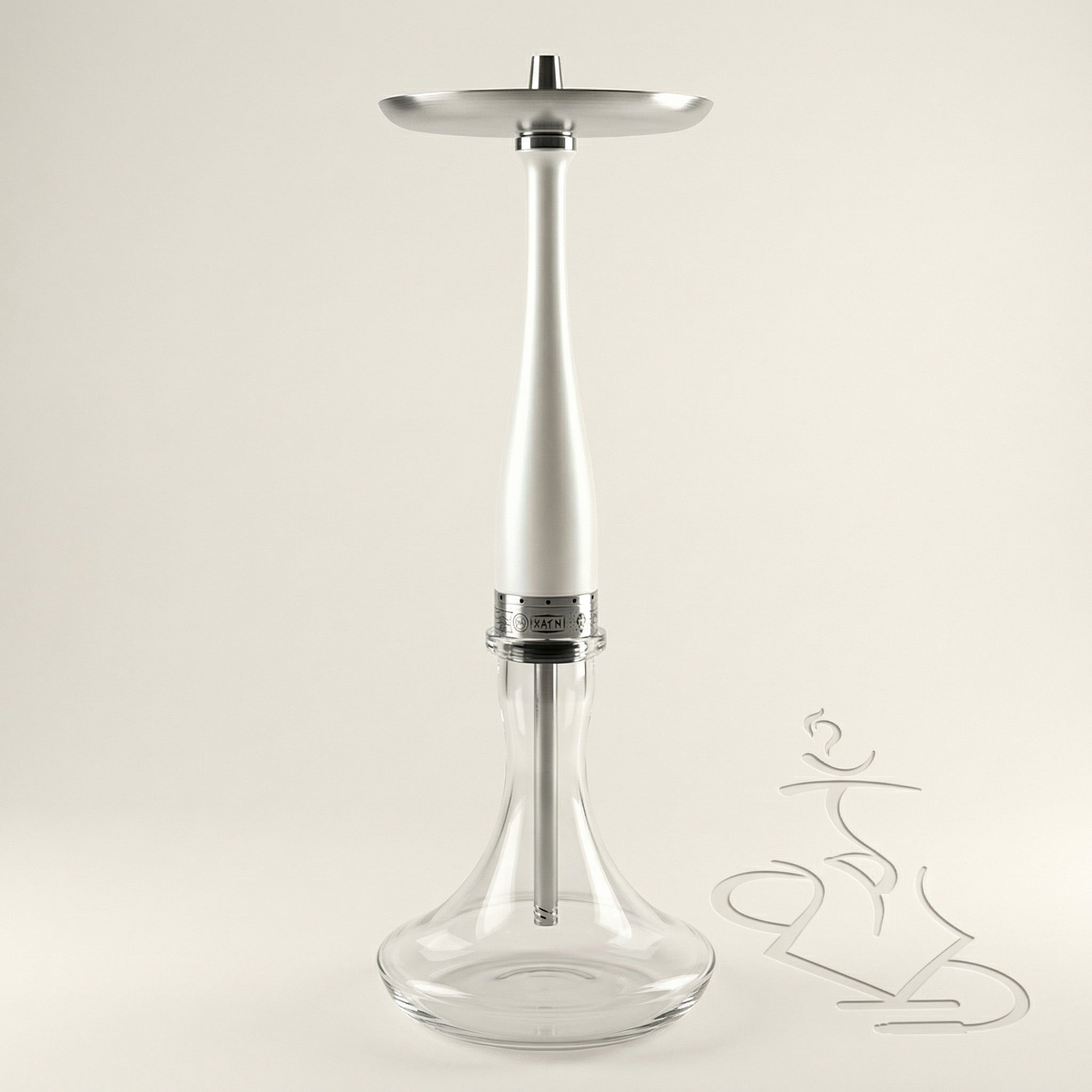 Hooligan White Baseball Bat Hookah, 70 cm pearlescent white stainless steel shisha pipe with engraved chrome purge collar and clear glass base, full assembled studio shot.