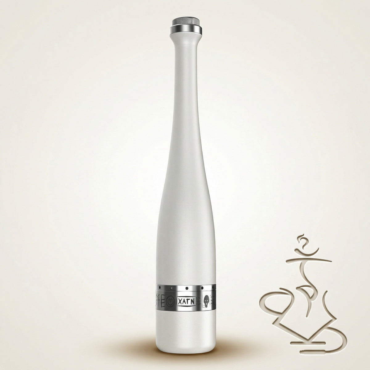 Hooligan White Baseball Bat Hookah stem shown alone, pearlescent white stainless steel bat-shaped body with chrome cap and engraved chrome purge collar at the base., image 4 of 25