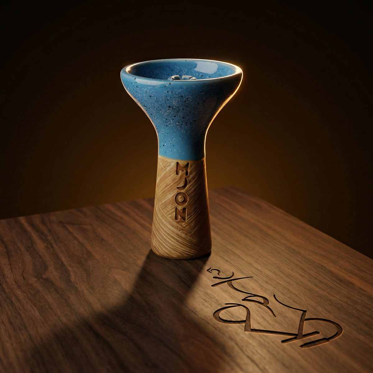 Kaloud Lotus heat management device on a dark walnut surface under warm directional lighting, the brushed aluminium lotus-cut lid lifted to reveal the chamber against a near-black backdrop., image 2 of 11