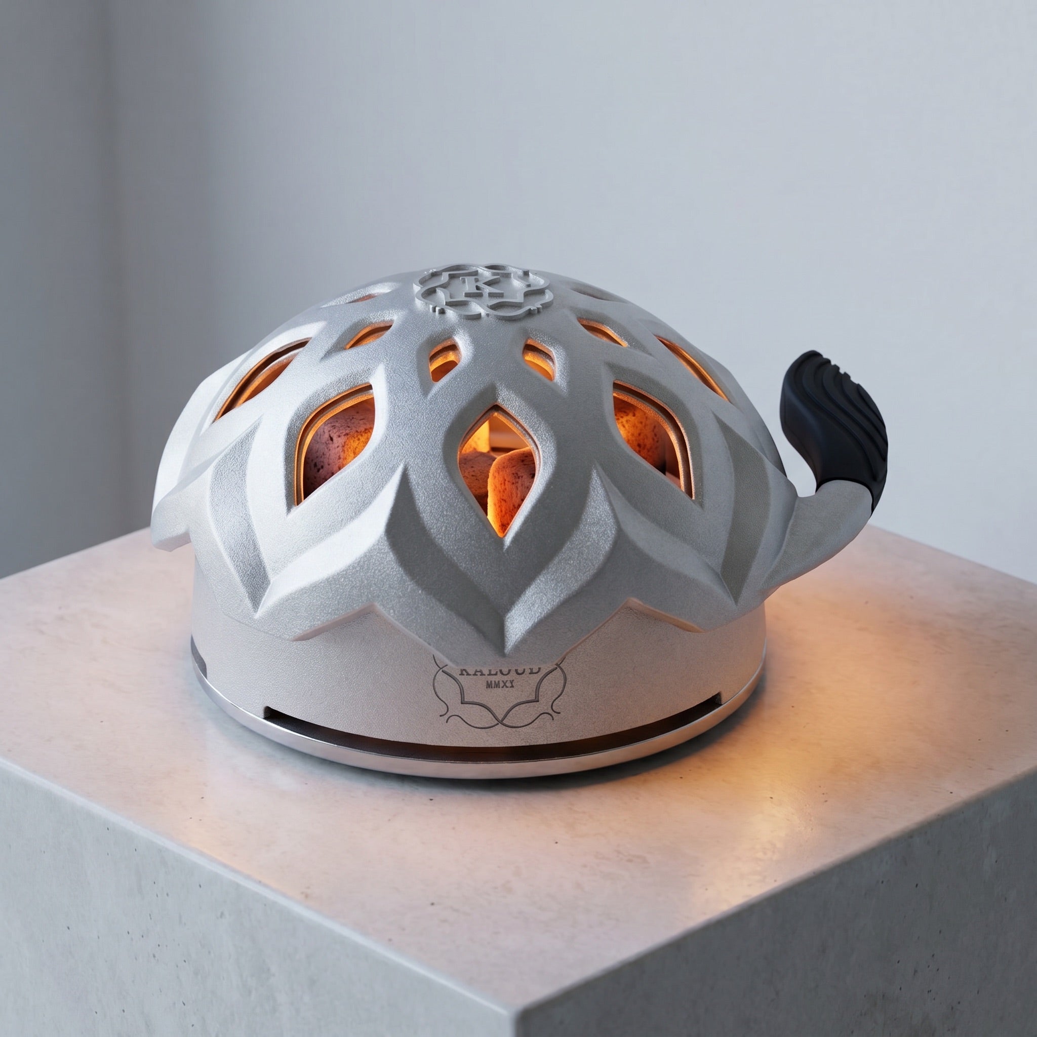 Kaloud Lotus I+3 Argis Silver in use with four lit coconut coals glowing through lotus cutouts