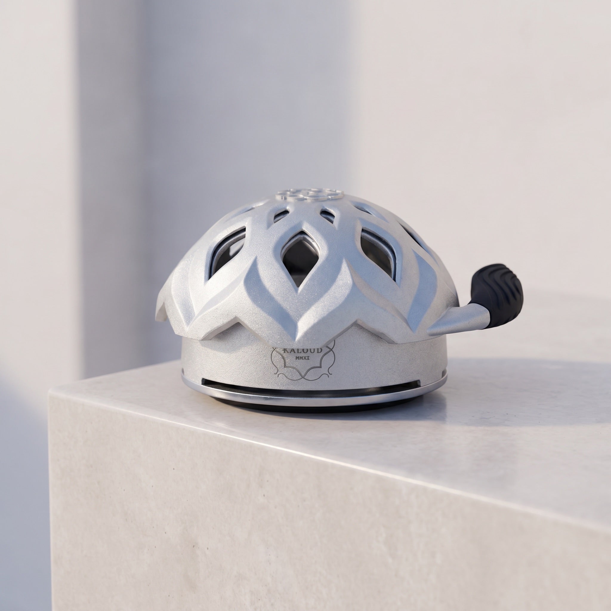 Kaloud Lotus I+3 Argis Silver shisha HMD on concrete plinth in modern architectural interior
