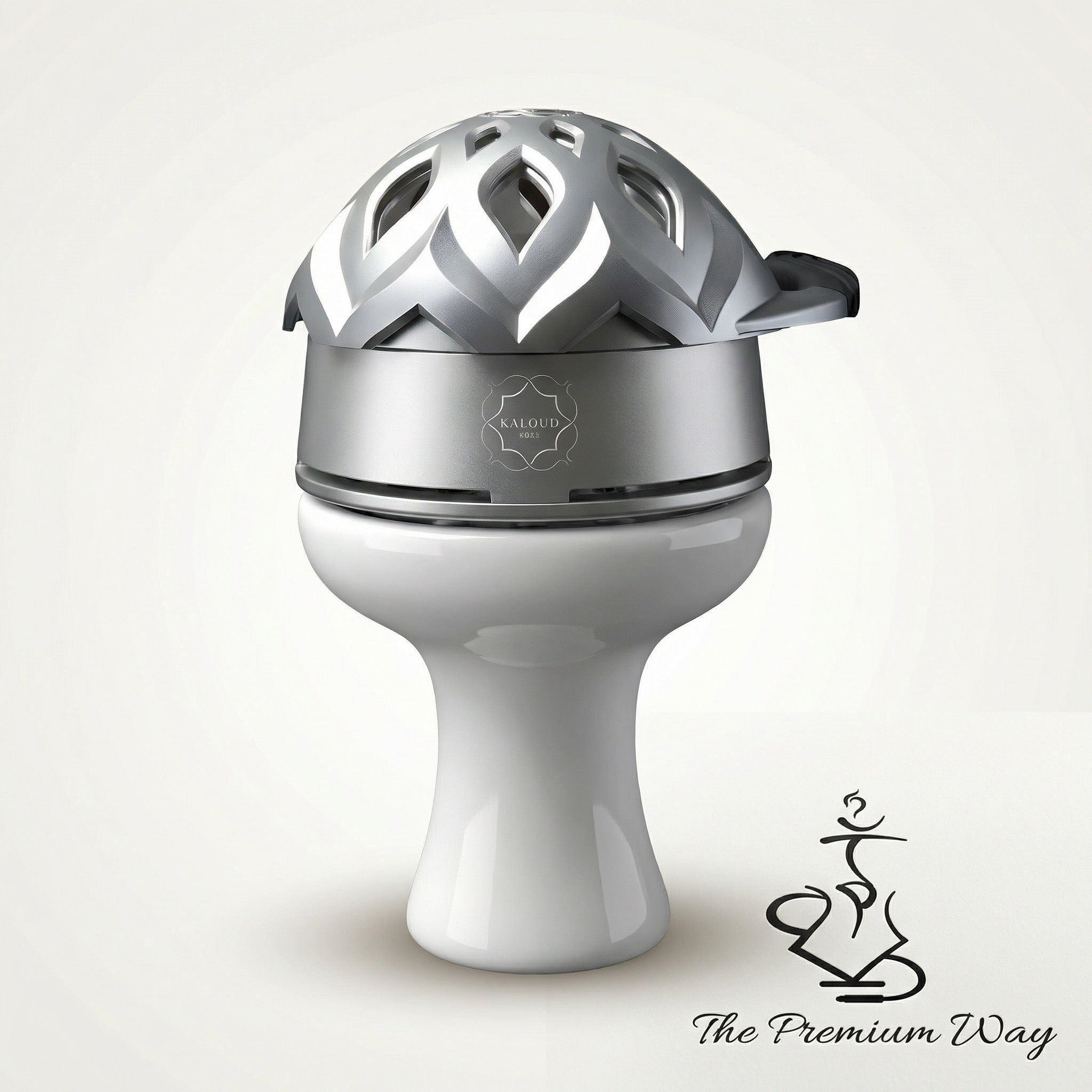 Kaloud Lotus I+3 Argis Silver heat management device seated on a flat-lipped white ceramic phunnel shisha bowl, full assembly shown to demonstrate fit and seal at the bowl rim.