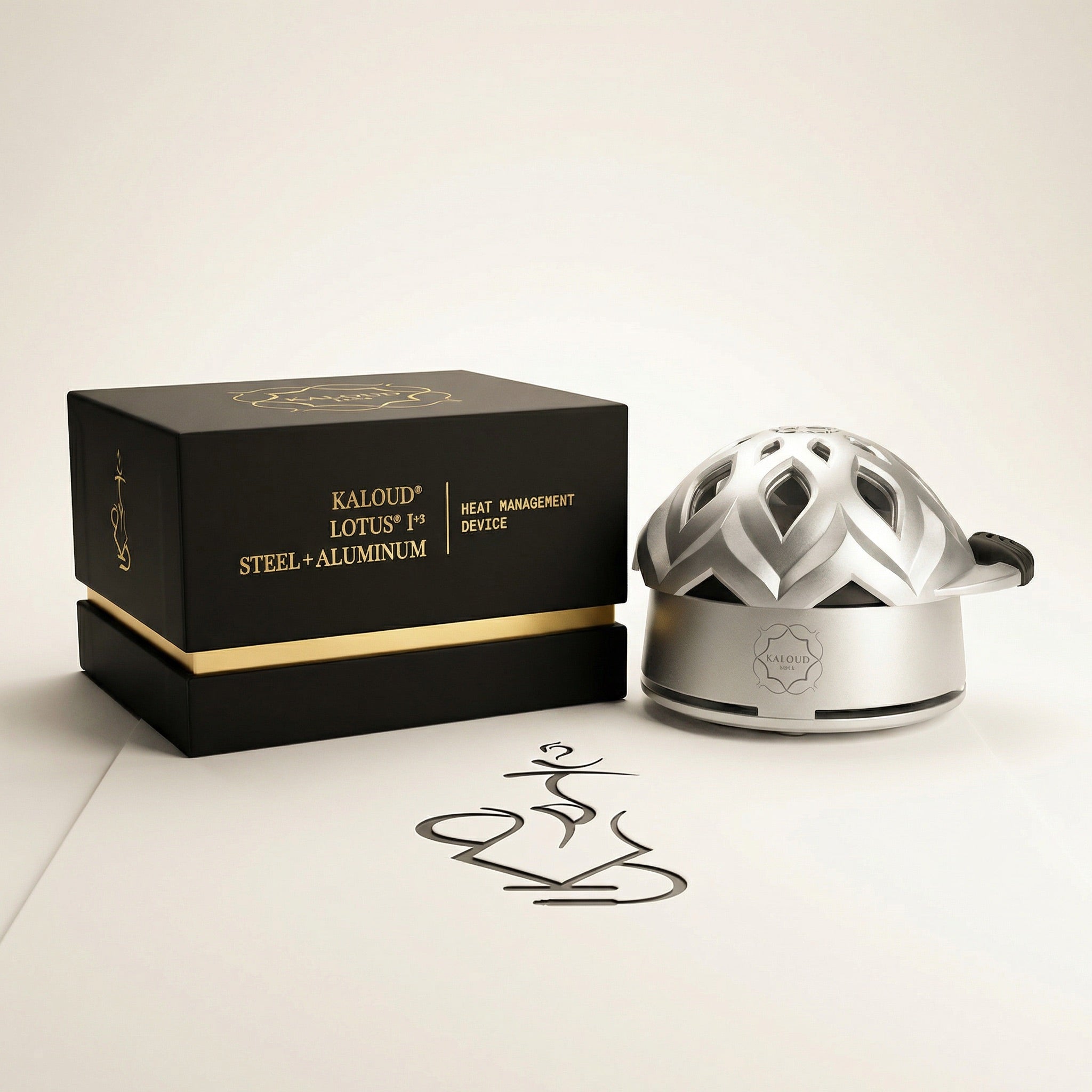 Kaloud Lotus I+3 Argis Silver heat management device displayed beside its premium matte black retail box with gold foil Kaloud branding.