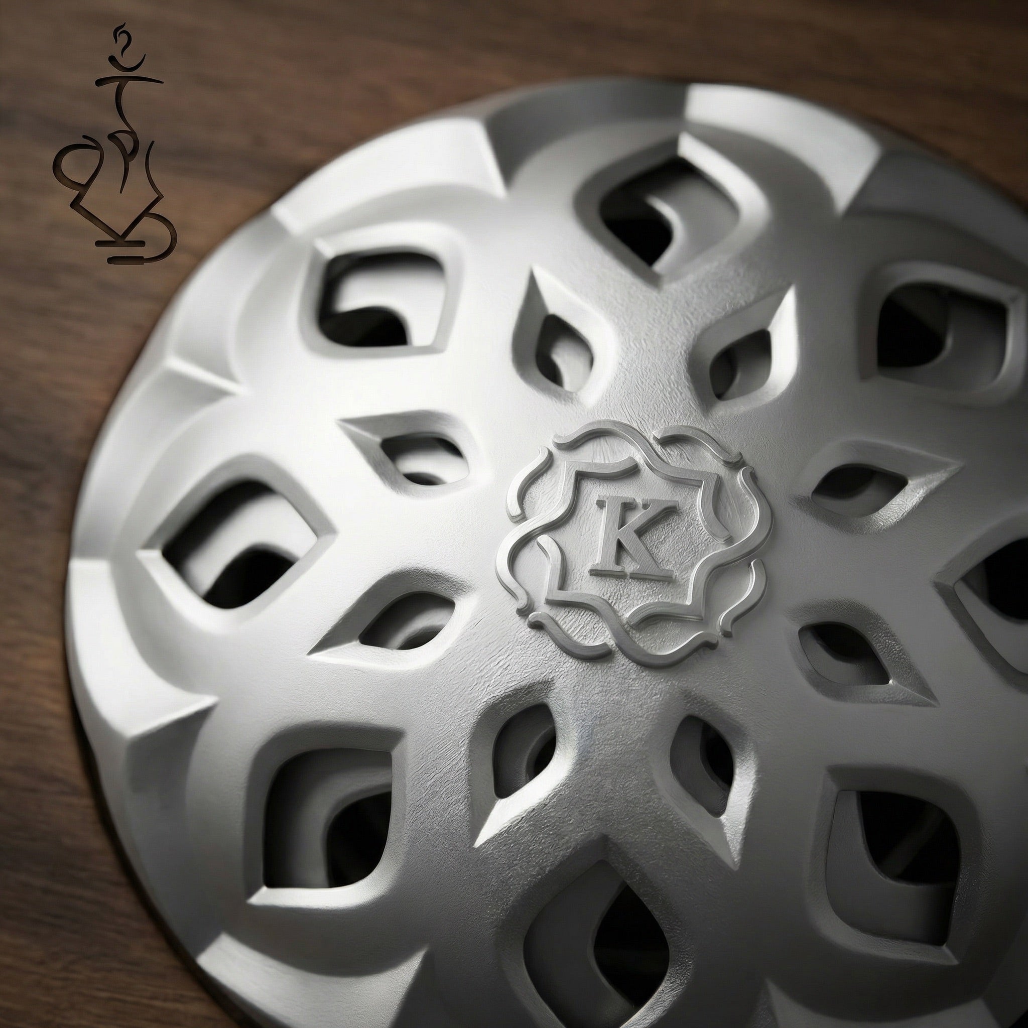 Macro top-down detail of the Kaloud Lotus I+3 Argis Silver lid, showing the ornate lotus-petal cutout pattern and central Kaloud K crest in brushed aluminium.