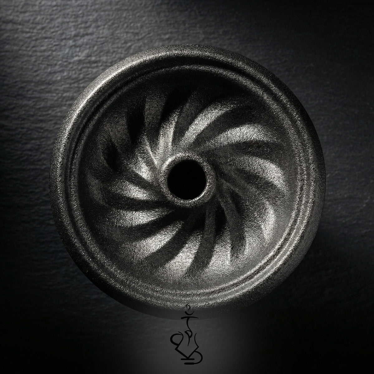 Overhead view of the Kaloud Samsaris Kore All Ceramic bowl interior showing spiralling phunnel channels in dark charcoal ceramic with metallic grain, image 5 of 11