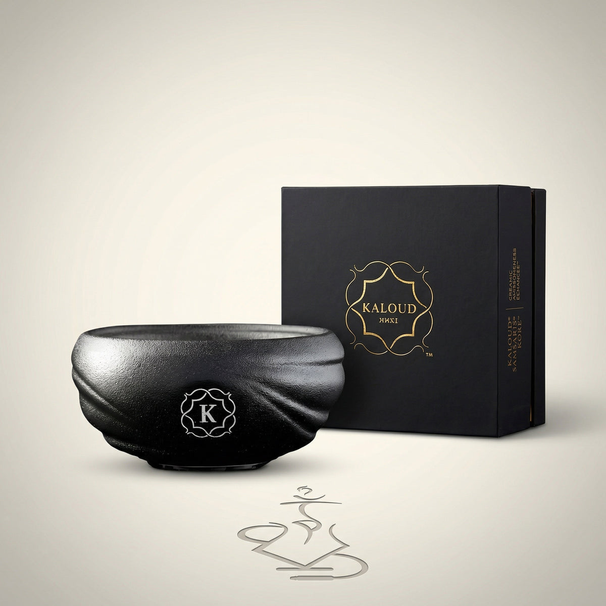 Kaloud Samsaris Kore All Ceramic shisha bowl in dark charcoal with metallic-flecked grain and premium black-and-gold Kaloud presentation box, image 3 of 11