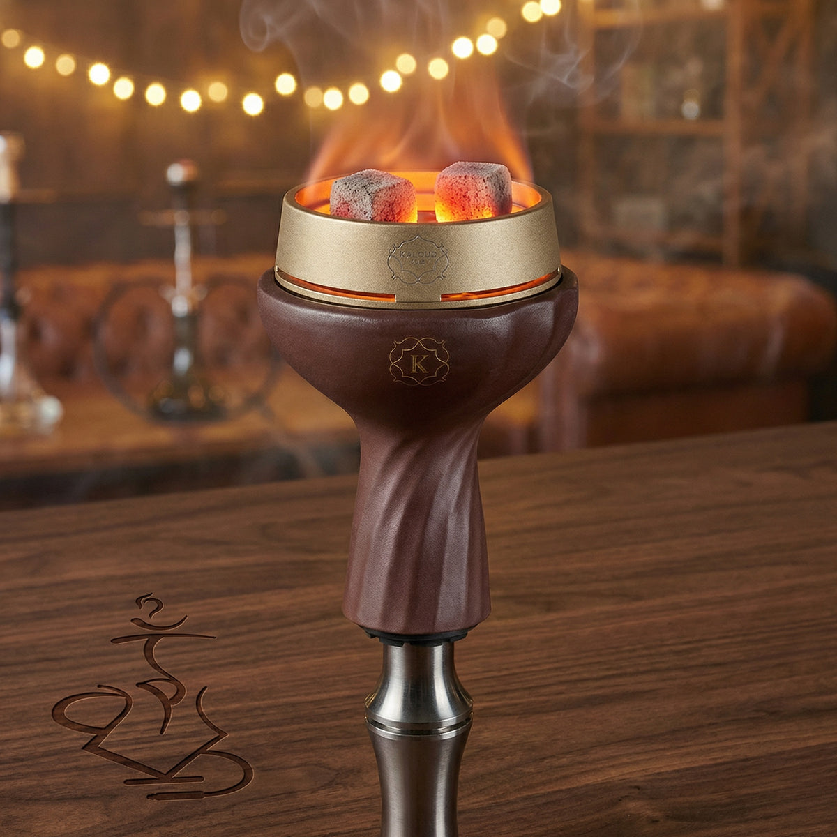 Kaloud Samsaris Kore Dào black clay phunnel bowl with Kaloud Lotus I+3 gold heat management device and glowing coals in a warm session setting, image 5 of 18