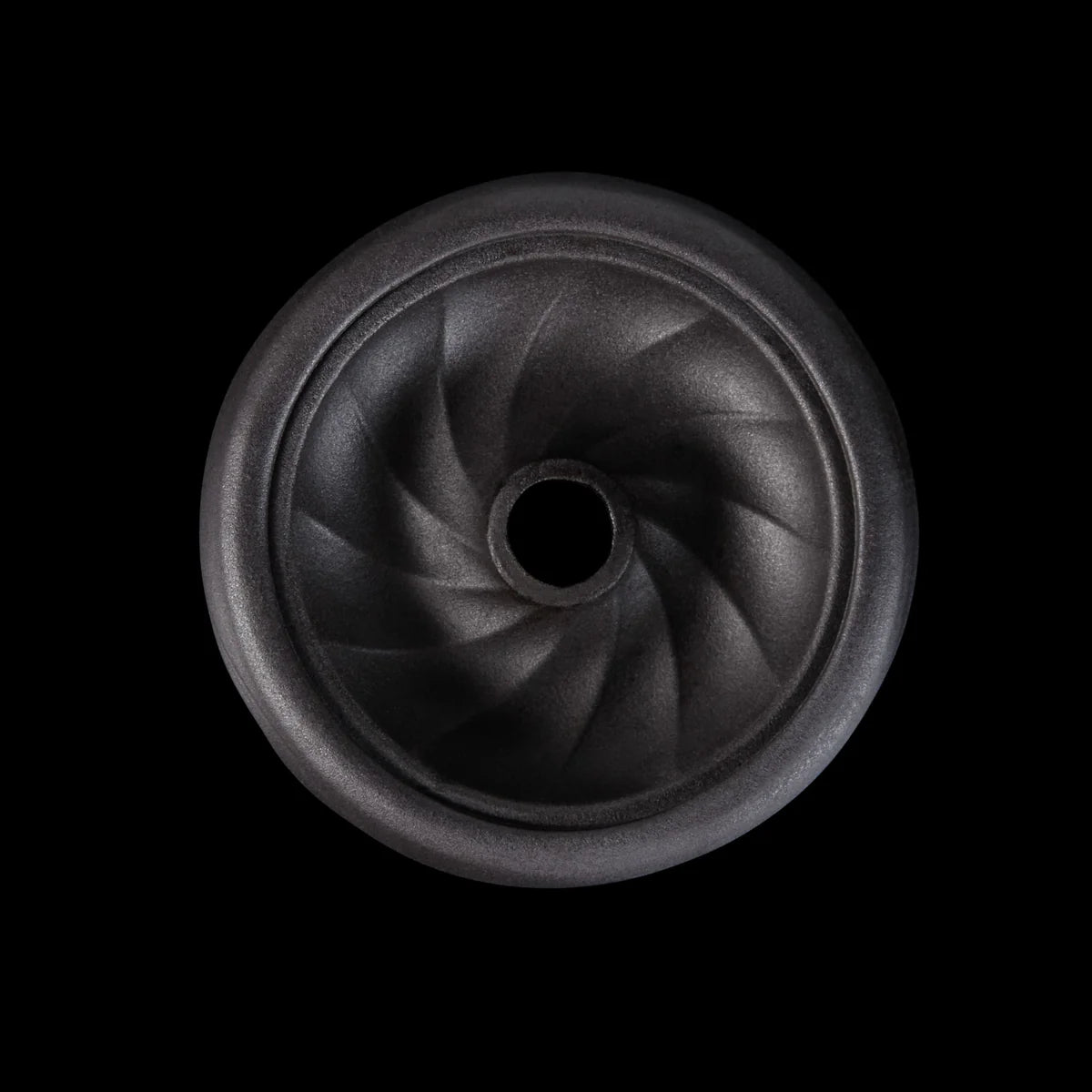 Top-down view of Kaloud Samsaris Kore Dào Short black clay phunnel bowl showing centre spire and swirl design, image 9 of 11