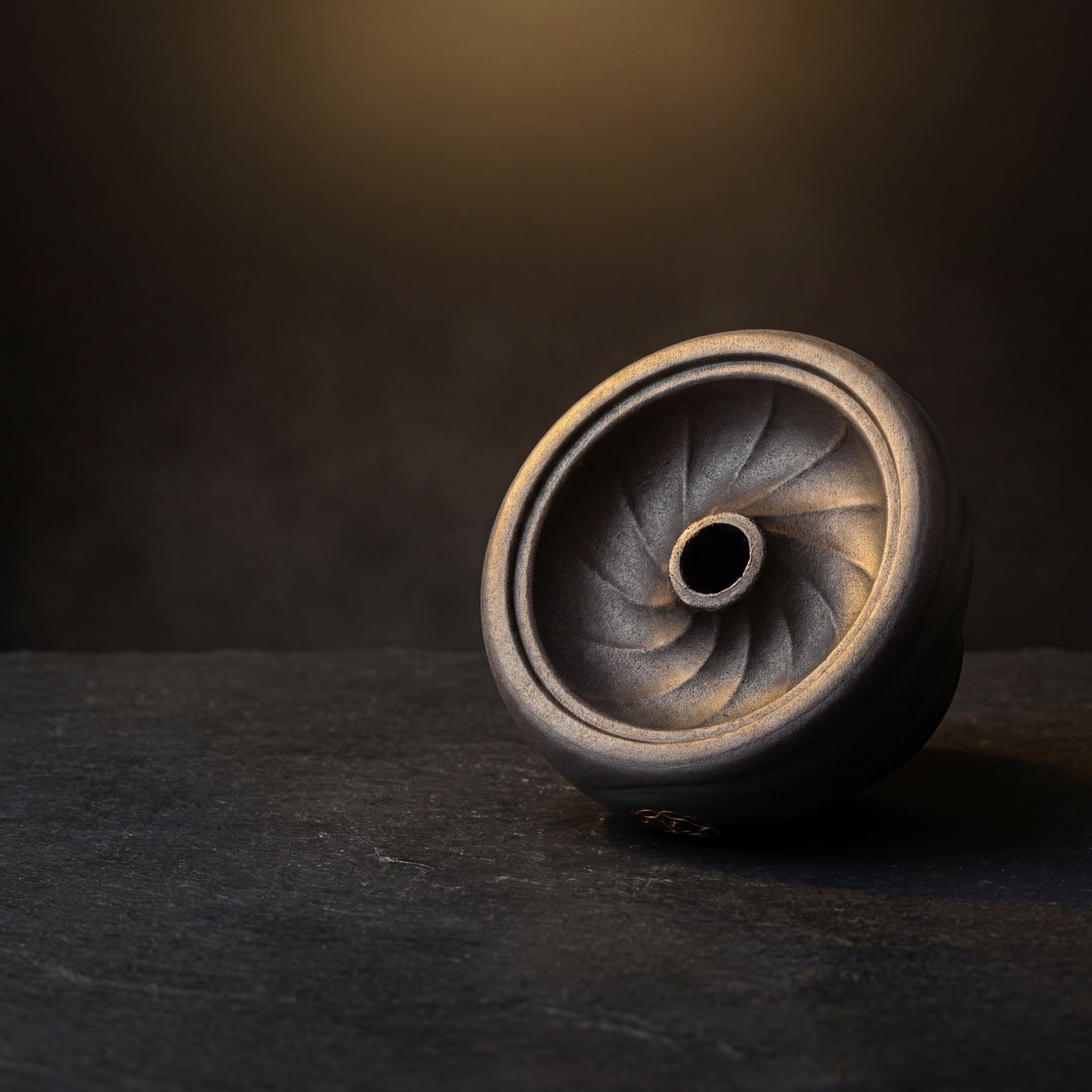 Kaloud Kore Dào Short black clay phunnel bowl on dark slate with warm gold backlight, swirl detail visible