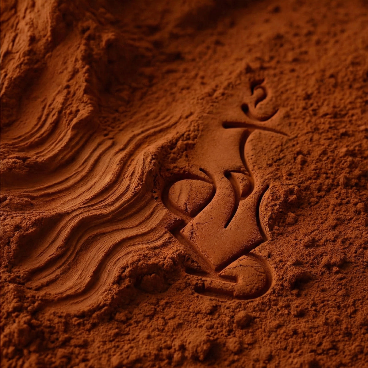 Raw red clay powder surface with natural wave texture and The Premium Way logo pressed into the material showing the origin of the Kore Qì bowl, image 7 of 17