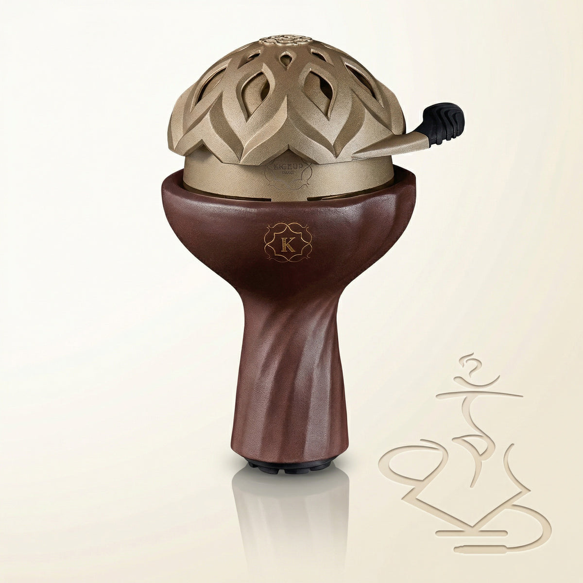 Kaloud Samsaris Kore Qì red clay shisha bowl with Kaloud Lotus I+3 gold heat management device seated flush on top in studio setting, image 10 of 18