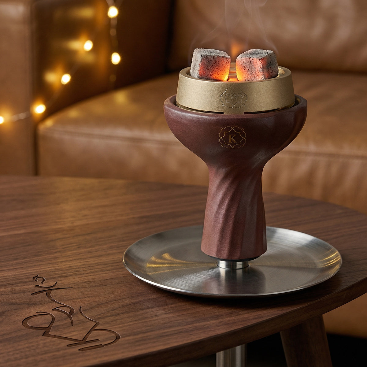 Kaloud Samsaris Kore Qì red clay phunnel bowl with Kaloud Lotus I+3 heat management device and glowing coals in a warm session setting, image 5 of 18
