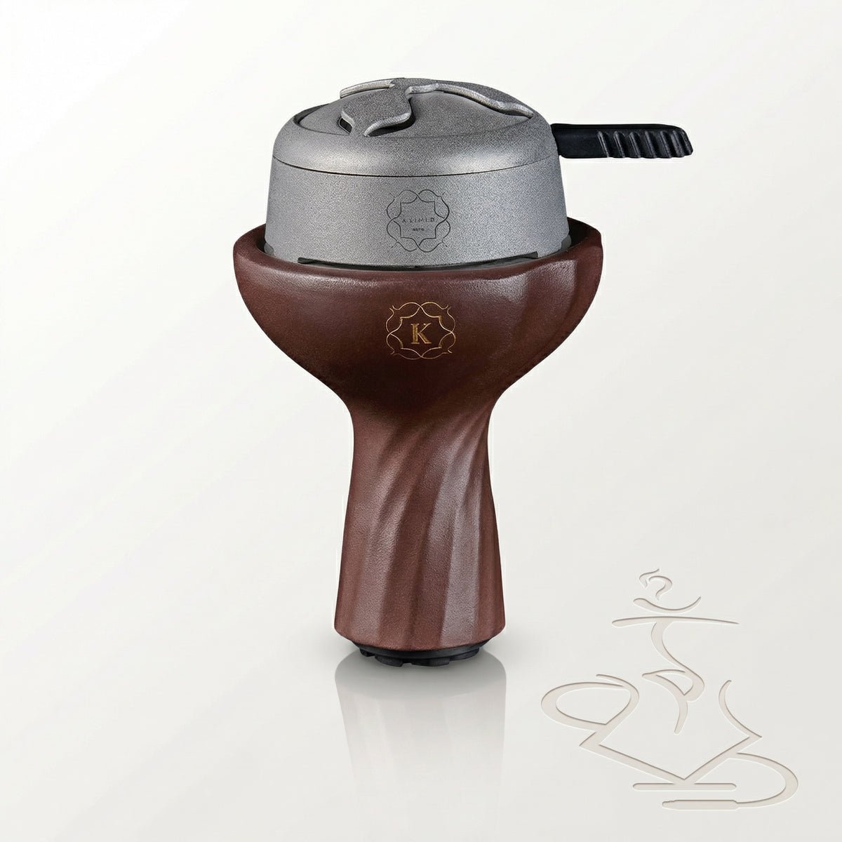 Kaloud Samsaris Kore Qì red clay shisha bowl with Kaloud Lotus I+ heat management device seated flush on top in studio setting, image 9 of 18