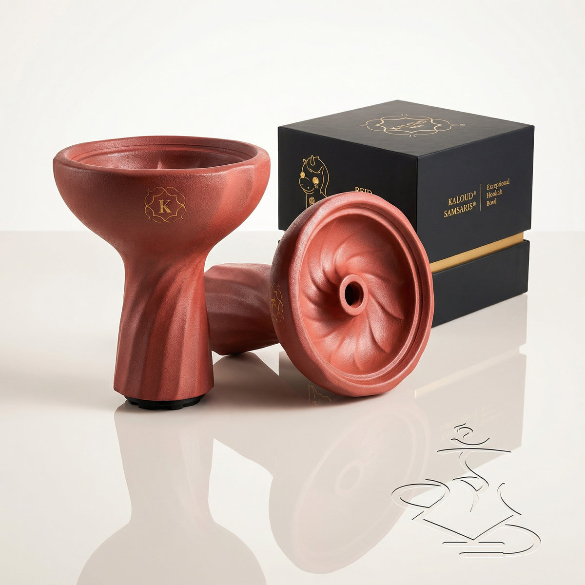 Kaloud Samsaris Kore Qì red clay tall shisha bowl with spiral twist stem and presentation box on reflective studio surface showing front and side profile views, image 4 of 18