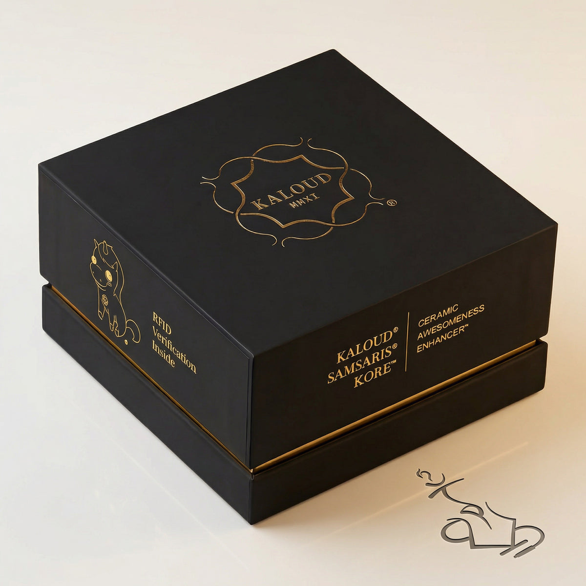 Premium matte black Kaloud Samsaris Kore presentation box with gold foil crest and RFID verification for the Qì Short shisha bowl, image 5 of 11