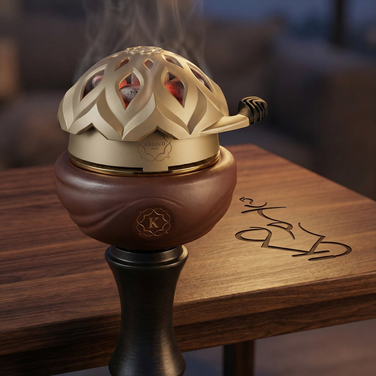 Kaloud Samsaris Kore Qì Short red clay bowl with Lotus I+3 heat management device glowing with charcoal during a warm hookah session, image 4 of 17