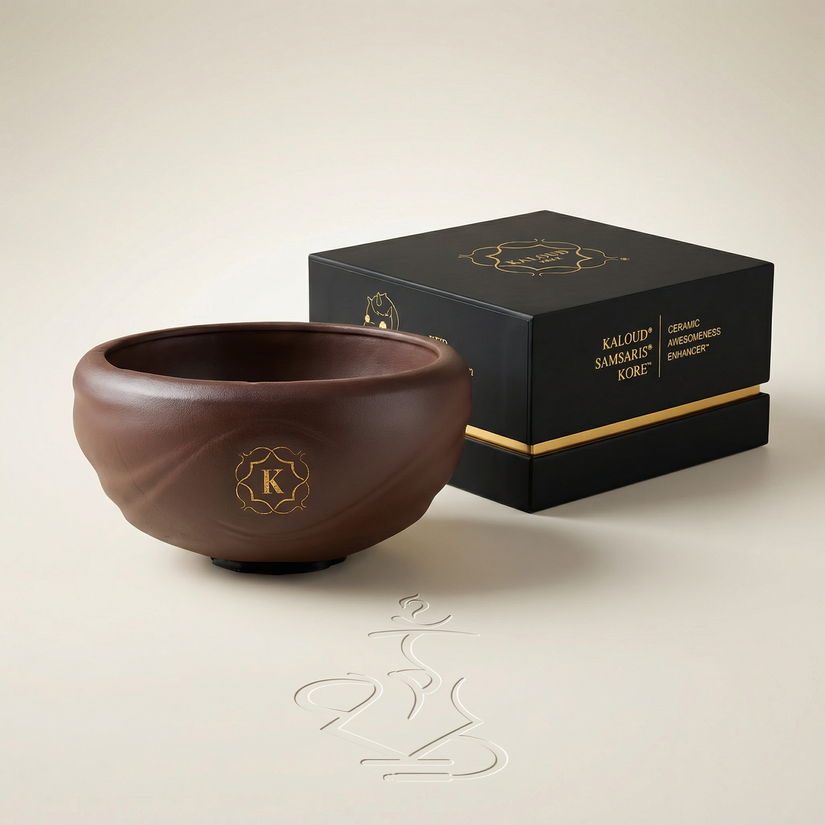Kaloud Samsaris Kore Qì Short red clay shisha bowl with premium black-and-gold Kaloud presentation box on a warm white studio background, image 3 of 17