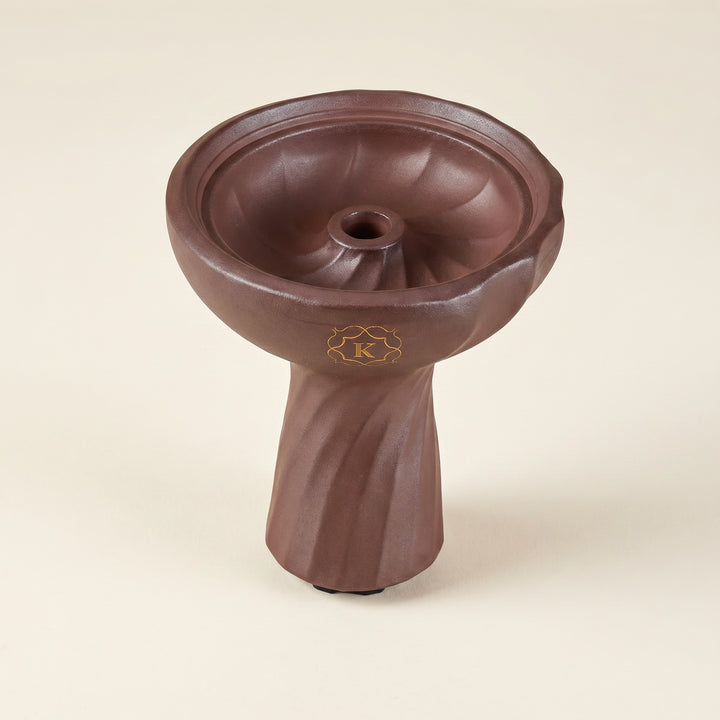 Kaloud Samsaris Kore Qì Tall red clay shisha bowl with phunnel spire and gold K cartouche on warm cream background
