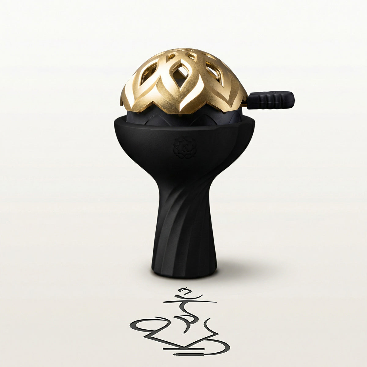 Kaloud Samsaris Lapis II ceramic shisha bowl in matte black silicone paired with gold Lotus I+3 heat management device on a warm white studio background, image 5 of 13