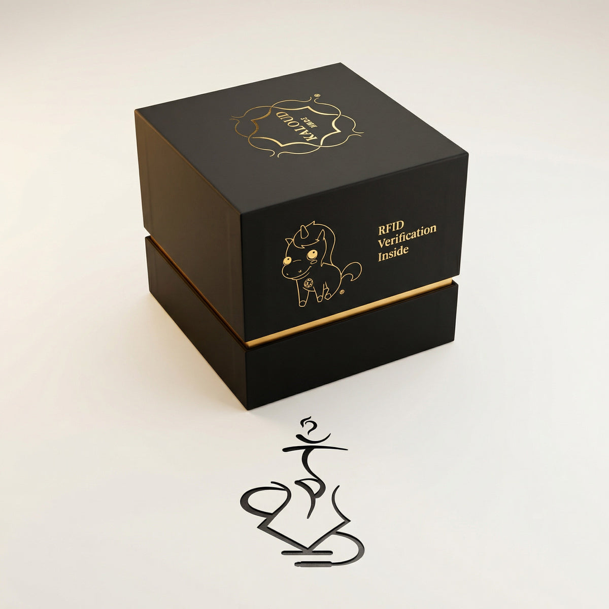 Premium matte black Kaloud Samsaris presentation box with gold foil crest, unicorn mascot, and RFID verification for the Lapis II ceramic shisha bowl, image 6 of 13