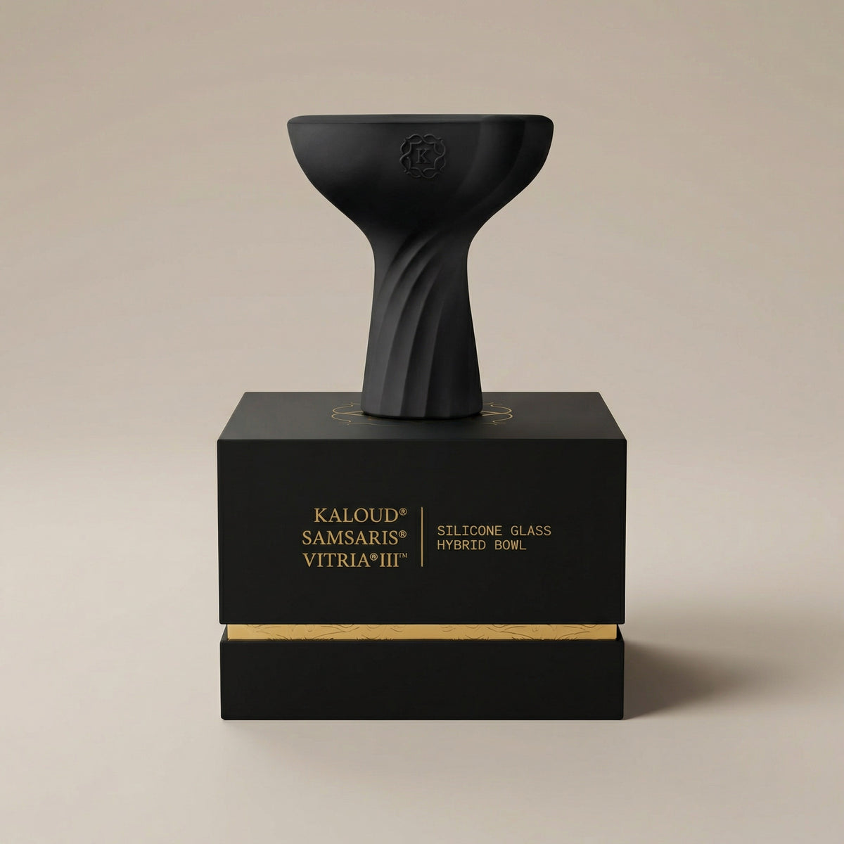 Kaloud Samsaris Vitria III glass hybrid shisha bowl resting on premium black-and-gold Kaloud presentation box, image 7 of 12