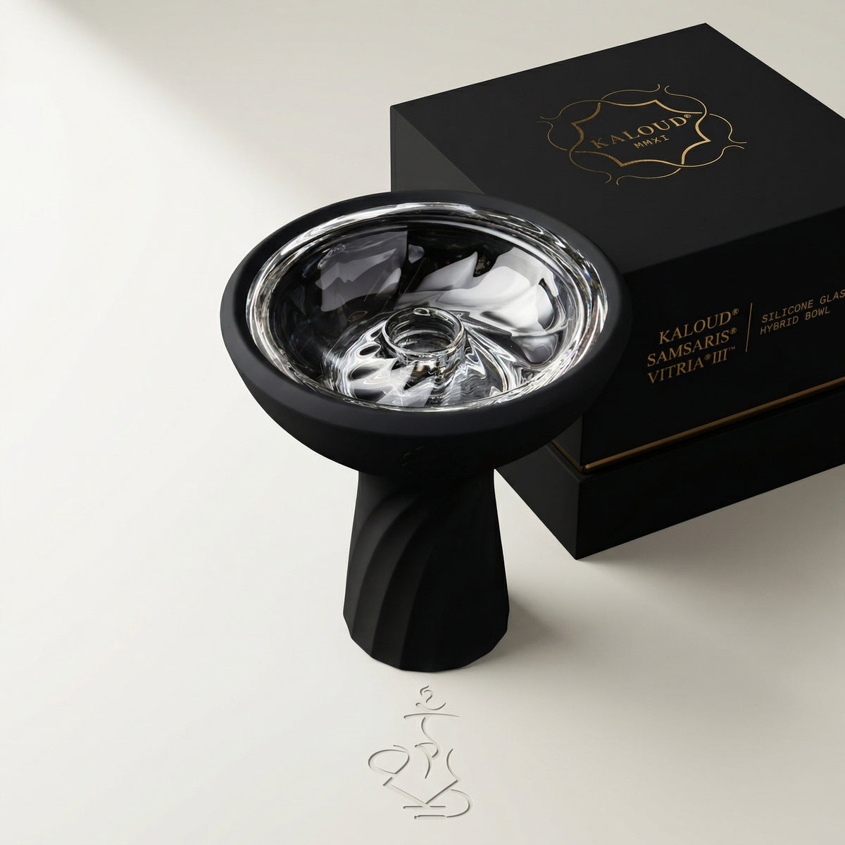 Kaloud Samsaris Vitria III borosilicate glass hybrid shisha bowl in matte black silicone with premium Kaloud presentation box, image 3 of 12
