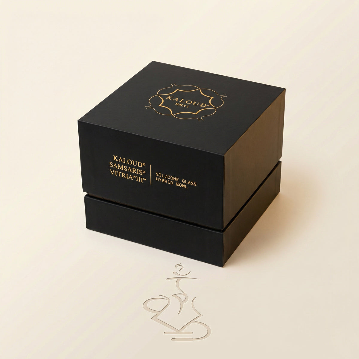 Premium matte black Kaloud Samsaris Vitria III presentation box with gold foil crest for the silicone glass hybrid shisha bowl, image 8 of 12