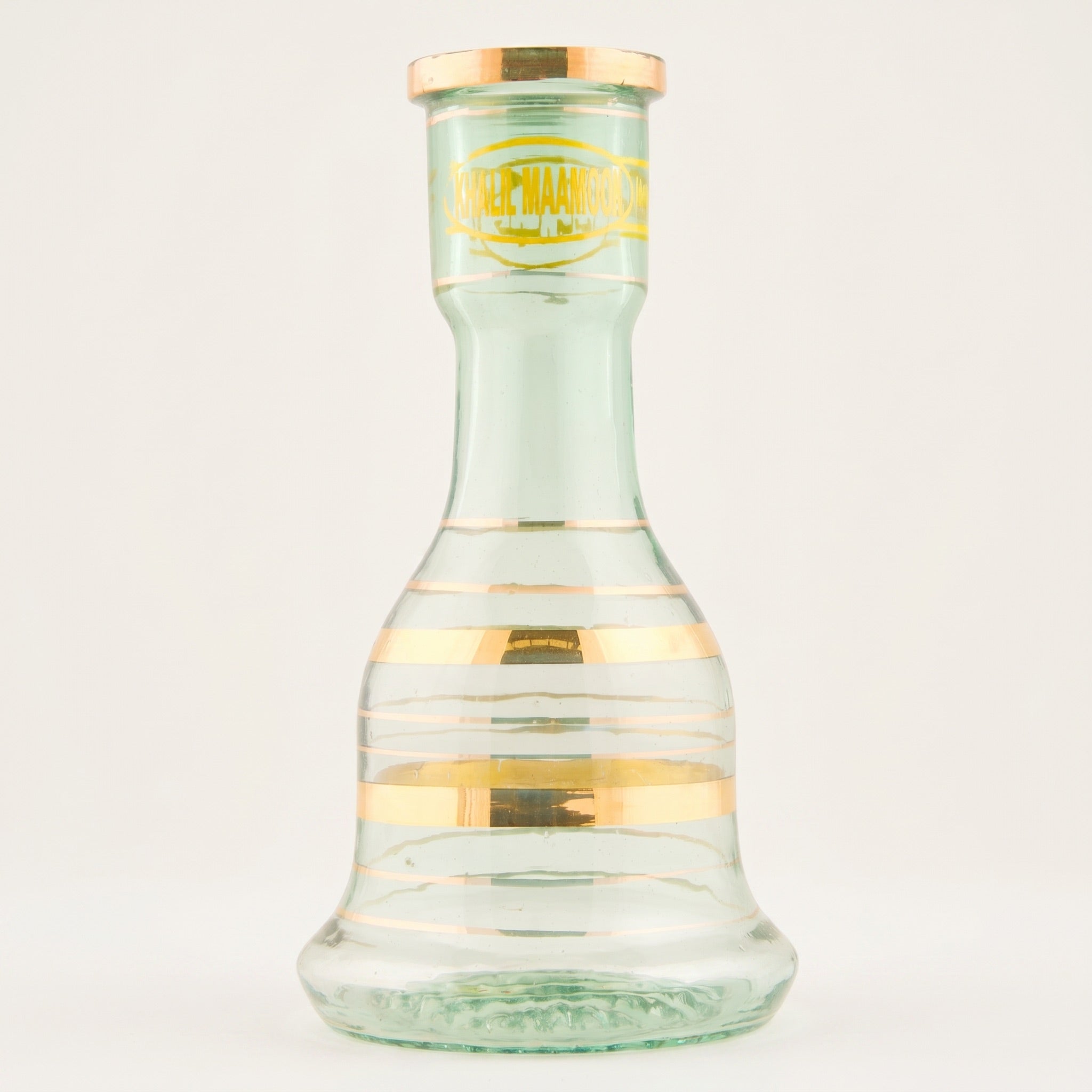 Khalil Mamoon 30 cm gold-banded hand-blown glass hookah base, front view on clean cream studio backdrop
