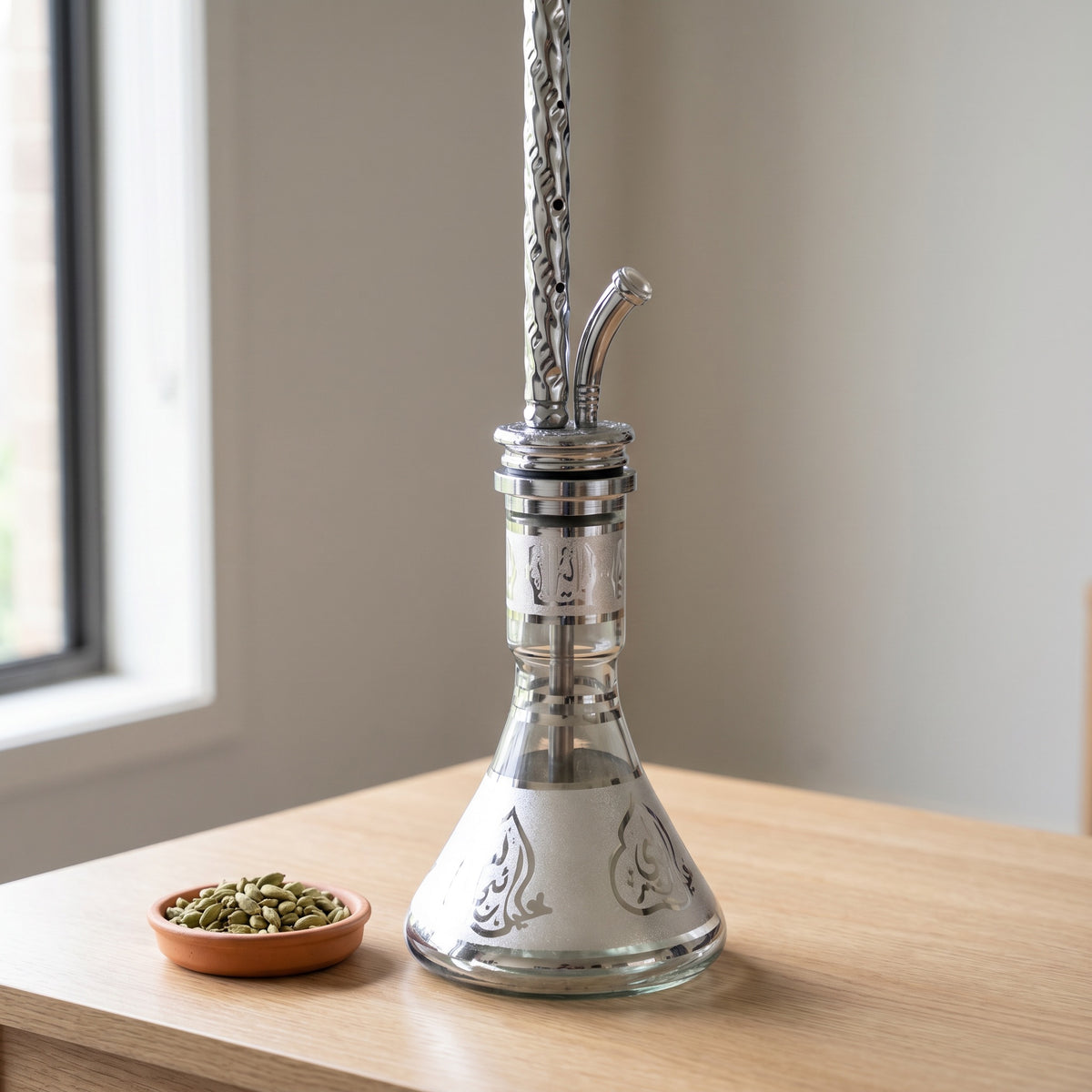 Khalil Mamoon Borg 4351 hookah on oak coffee table in soft daylight with cardamom in terracotta dish, image 8 of 20